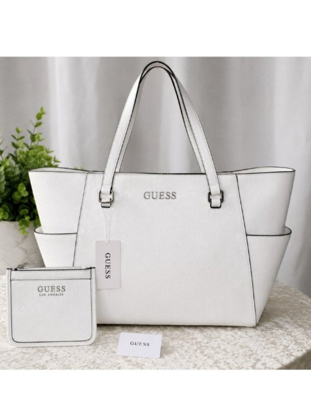 GUESS White Tote Bag w/ Matching Wristlet NWT Logo Print Shoulder Bag